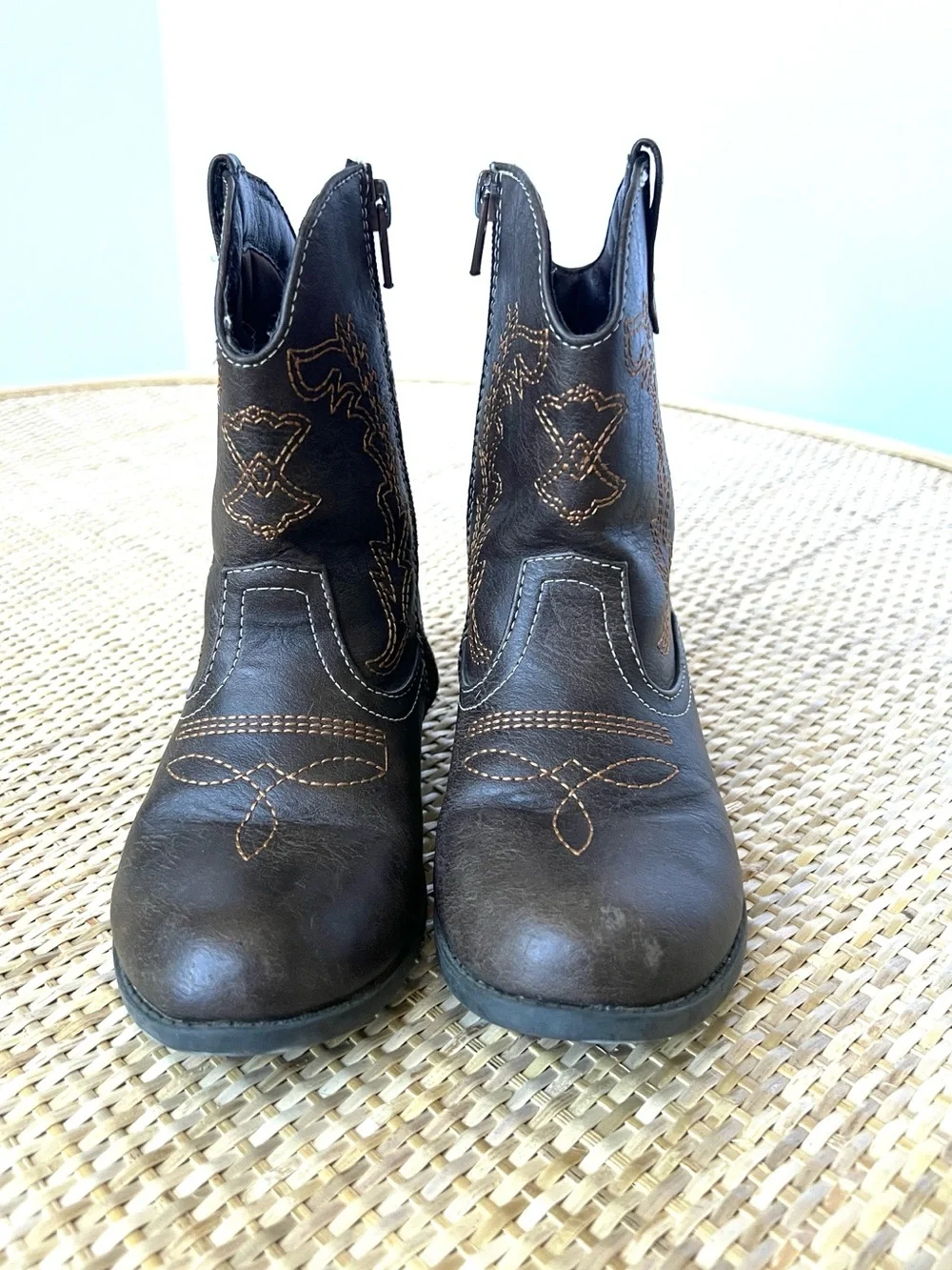 Boys Girls Cowboy Boots vegan leather brown tan contrast stitching Little Kid 11